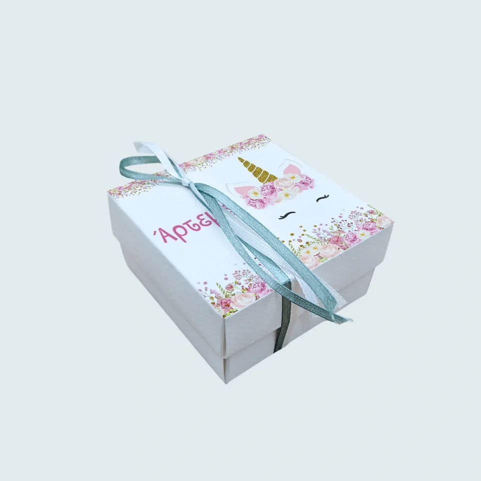 Φωτογραφία προϊόντος: Ecobags Μπομπονιέρα Βάπτισης Κουτάκι με Εκτύπωση και Κουφέτα Χατζηγιαννάκης Θέμα Μονόκερος Χρυσό Με Λουλούδια