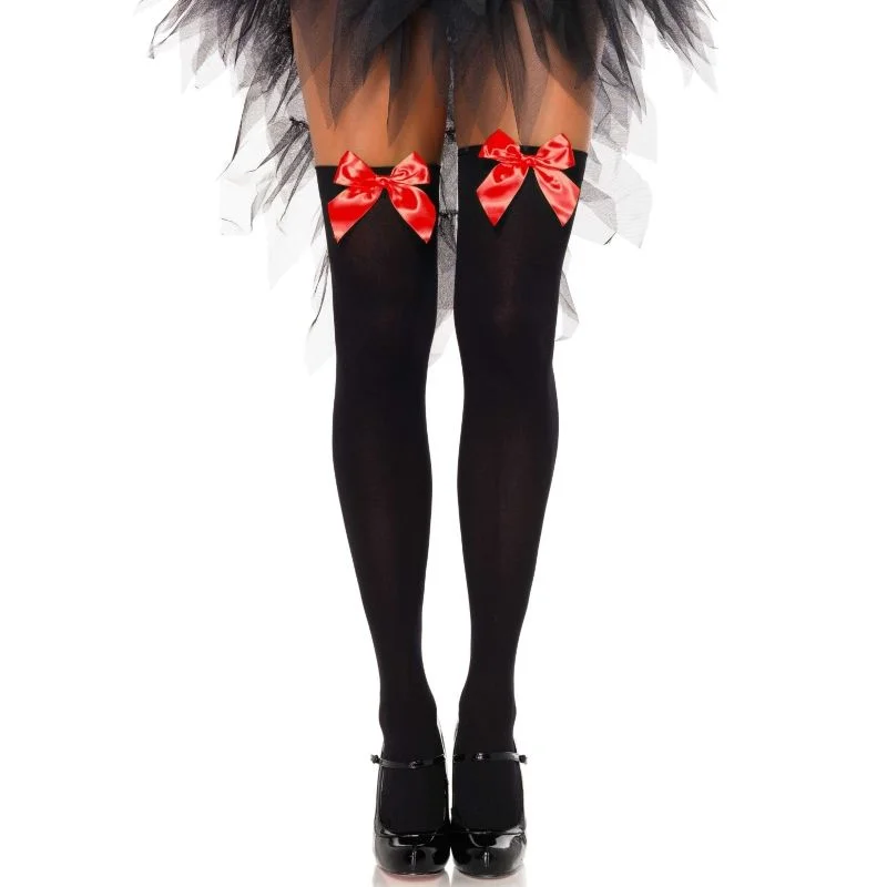 Φωτογραφία προϊόντος: LEG AVENUE BLACK NYLON THIGH HIGHS WITH RED BOW ONE SIZE