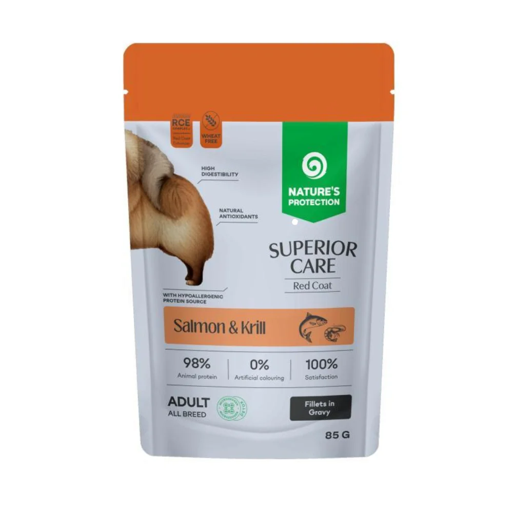 Φωτογραφία προϊόντος: Nature's Protection Nature’s Protection Superior Care Grain Free Υγρή Τροφή με Σολομό + Krill για Ενήλικους Σκύλους με Κόκκινο Τρίχωμα 85gr