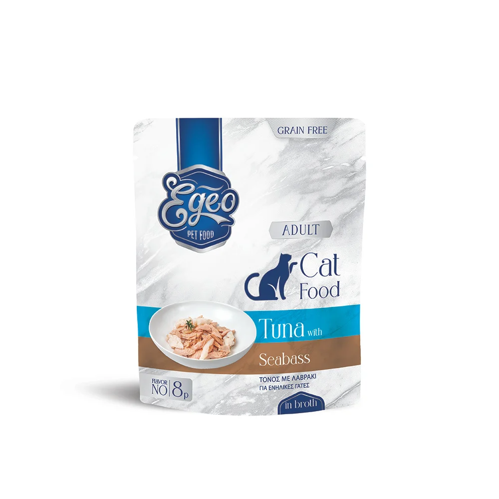 Φωτογραφία προϊόντος: Egeo Cat Adult Τόνος με Λαβράκι σε Ζωμό 85gr – Υγρή Τροφή για Ενήλικες Γάτες