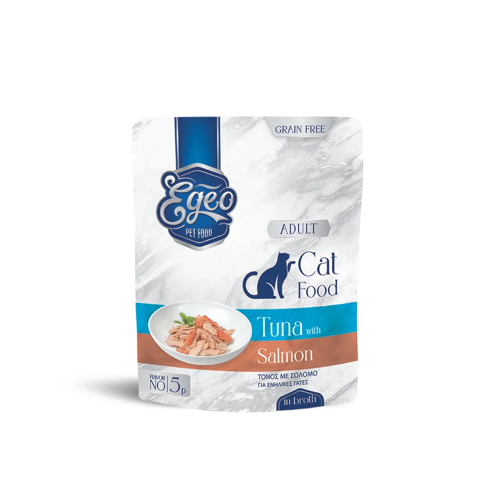 Φωτογραφία προϊόντος: Egeo Cat Adult Τόνος με Σολομό σε Ζωμό 85gr – Υγρή Τροφή για Ενήλικες Γάτες