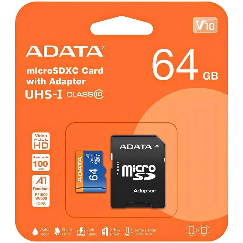 Φωτογραφία προϊόντος: Κάρτα μνήμης Micro SDXC C10 UHS-1 U1 Adata 100MB/s 64GB + 1 ADP N71321