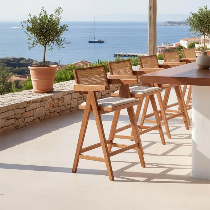 Φωτογραφία προϊόντος: Σκαμπό bar Winslow pakoworld ξύλο rubberwood ανοικτό καρυδί-pvc rattan φυσικό-ύφασμα γκρι (x2)