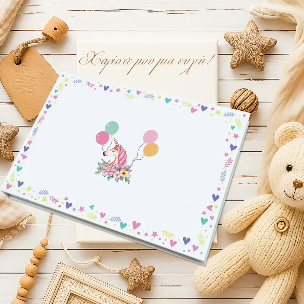 Φωτογραφία προϊόντος: Ecobags Βιβλίο Ευχών Βάπτισης με Θέμα Μονόκερος με Μπαλόνια