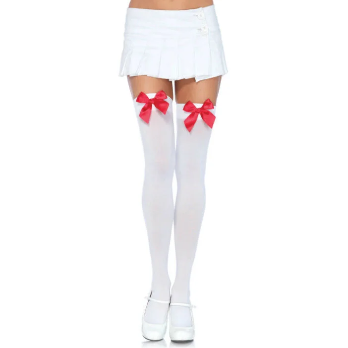 Φωτογραφία προϊόντος: LEG AVENUE NYLON THIGH HIGHS WITH BOW WHITE / RED