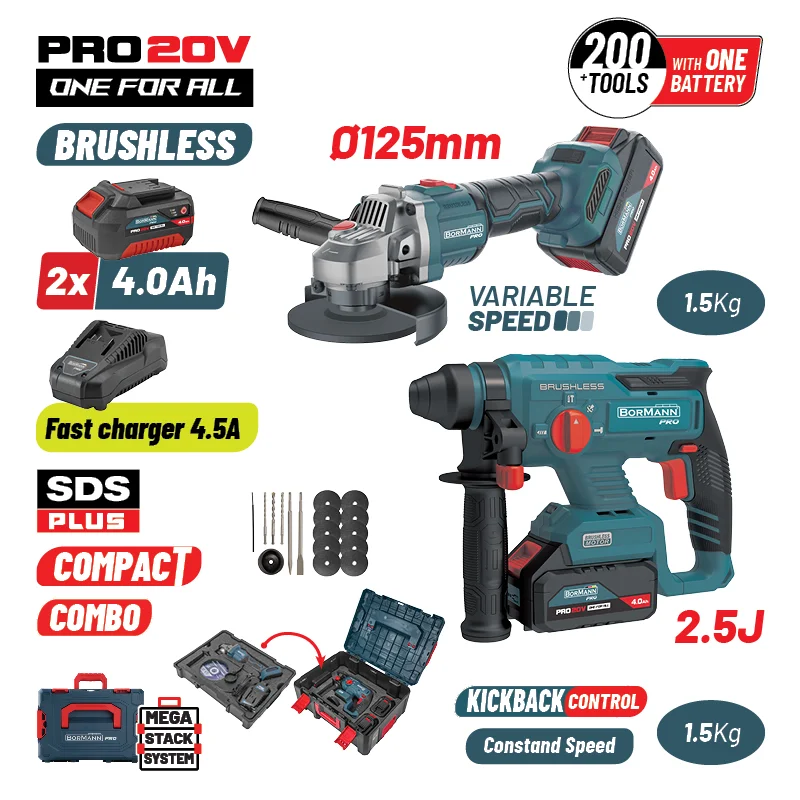 Φωτογραφία προϊόντος: Σετ Πνευματικό Brushless Σκαπτικό Μπαταρίας + Γωνιακός Τροχός BormannPro BBP5303X44Τ2CA Με 2 Μπαταρίες Λιθίου 4Ah