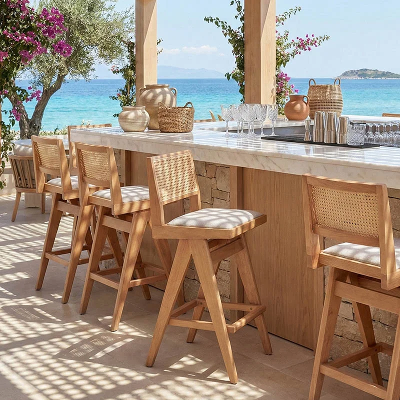 Φωτογραφία προϊόντος: Σκαμπό bar Winslow pakoworld ξύλο rubberwood ανοικτό καρυδί-pvc rattan φυσικό-ύφασμα γκρι 44.5x46x98εκ (x2)