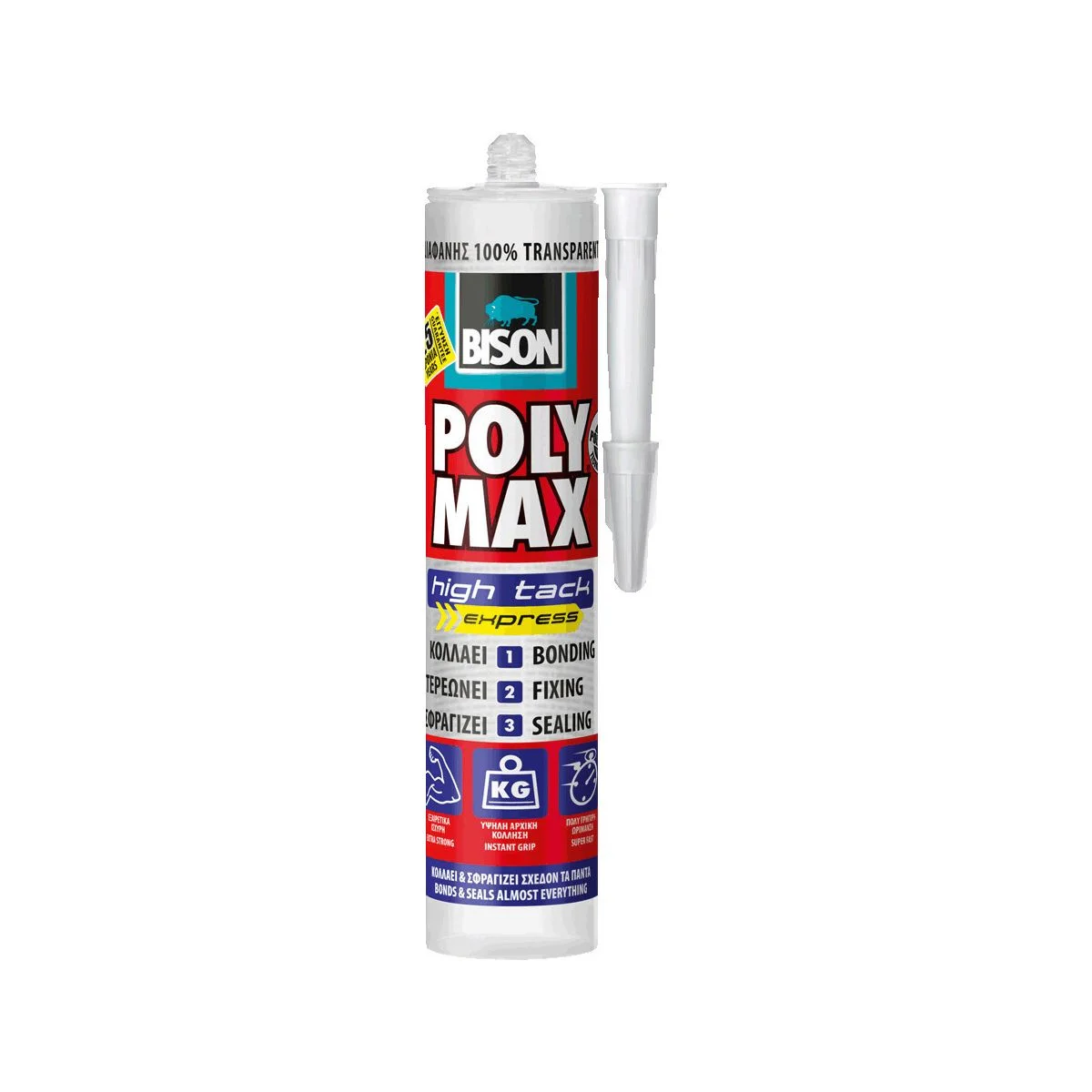 Φωτογραφία προϊόντος: Bison Poly Max Crystal High Tack Express Σφραγιστική Σιλικόνη Αντιμουχλική Ξύλου Διάφανη 300gr 25690