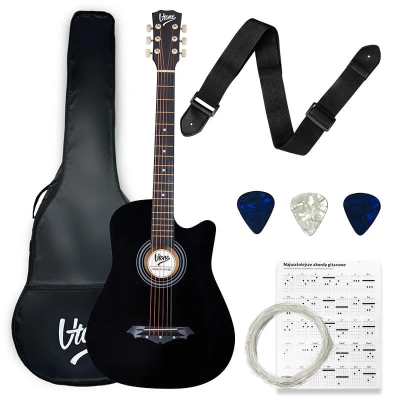 Φωτογραφία προϊόντος: V-TONE AG ONE BK acoustic guitar 4/4 black to learn for beginners picks strap spare strings cover chords set