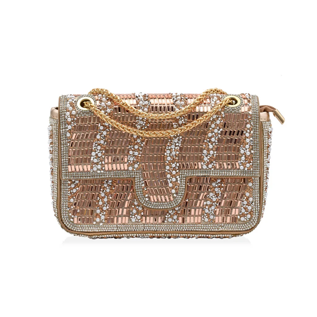 Φωτογραφία προϊόντος: Ghetto Crystal Embellished Evening Bag with Chain Strap | Luxury Statement Handbag Rose Gold