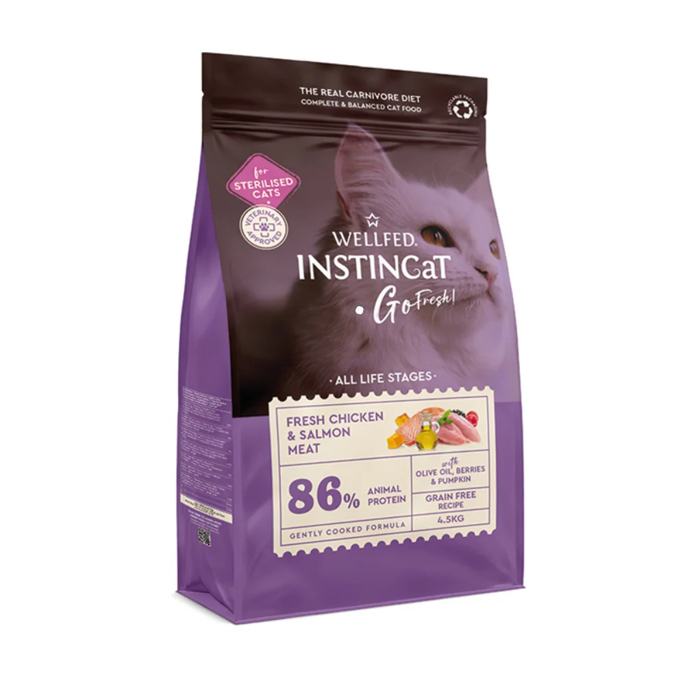 Φωτογραφία προϊόντος: Wellfed Dry Food Wellfed INSTINCat Go Fresh Sterilised Chicken + Salmon – Ξηρή Τροφή Γάτας 300gr