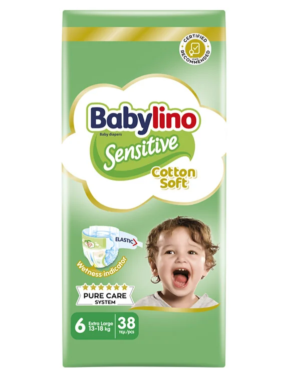 Φωτογραφία προϊόντος: Babylino Sensitive Cotton Soft Πάνες με Αυτοκόλλητο No6 13-18 Kg 38 τμχ