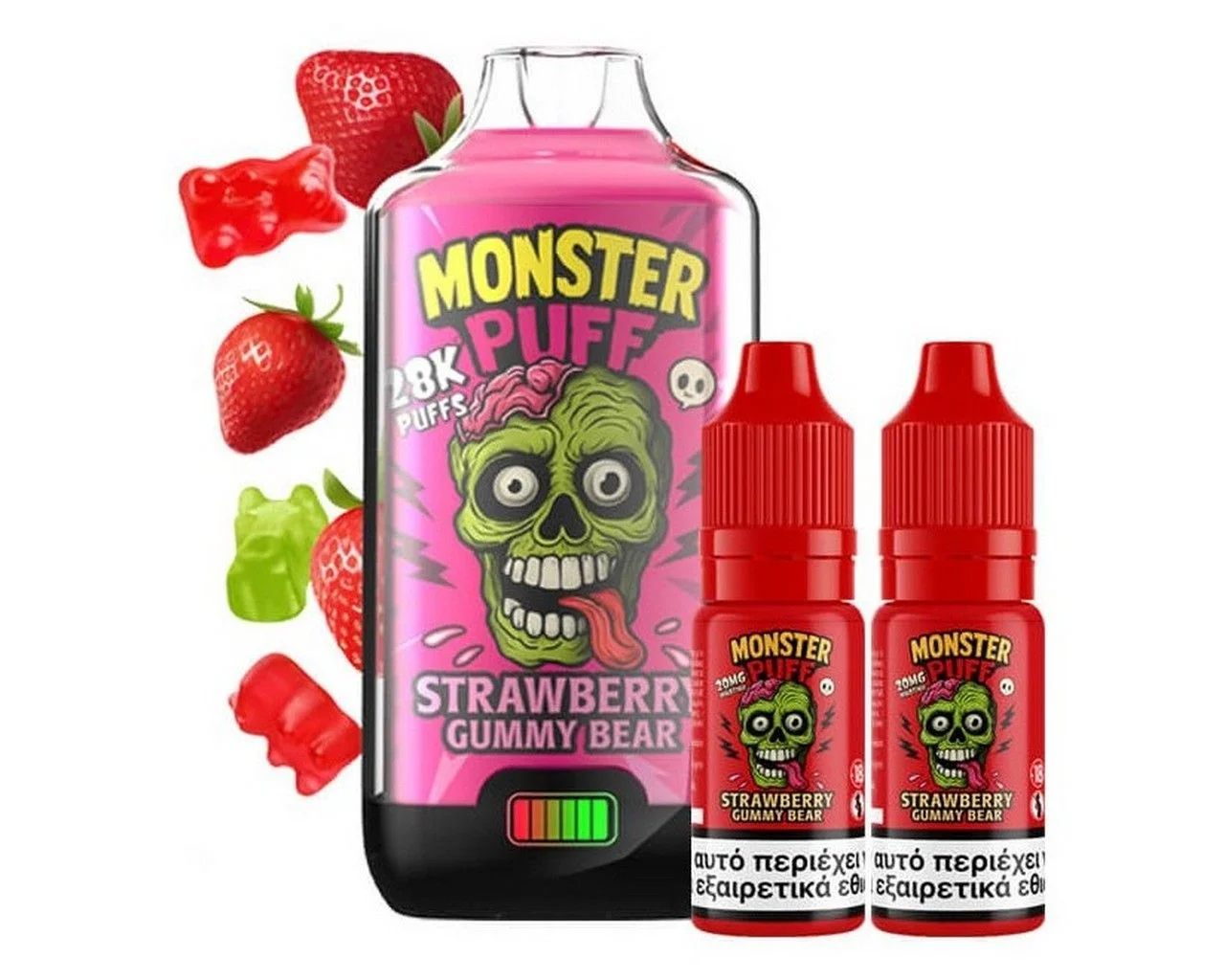 Φωτογραφία προϊόντος: Monster Puff 28K Kit Strawberry Gummy Bear Συσκευή 2ml + 2x10ml 20mg