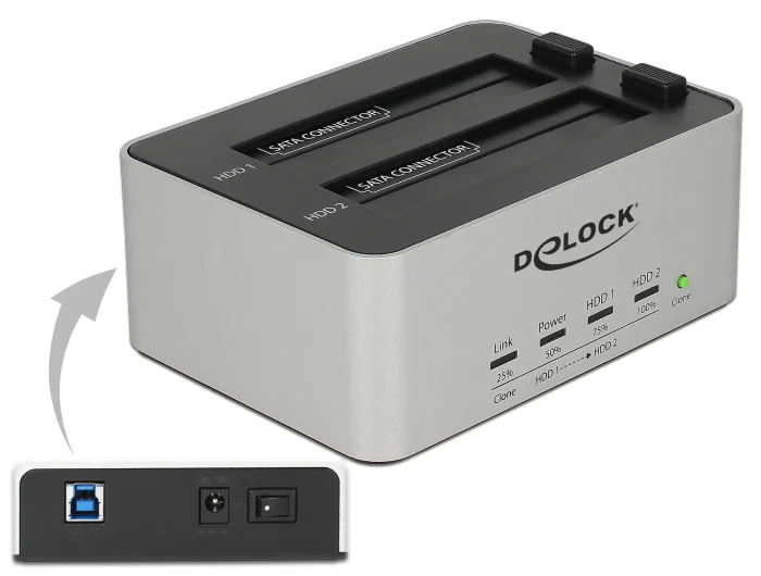 Φωτογραφία προϊόντος: DELOCK docking station 63991, clone function, 2x 2.5/3.5+#34; SSD/HDD, 5Gbps
