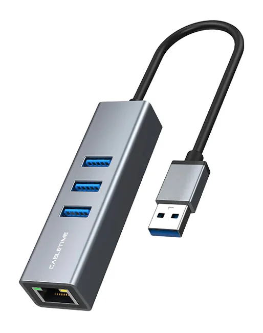 Φωτογραφία προϊόντος: CABLETIME USB hub CT-AMLU3, RJ45 + 3x USB θύρες, 5Gbps, 1000Mbps, γκρι