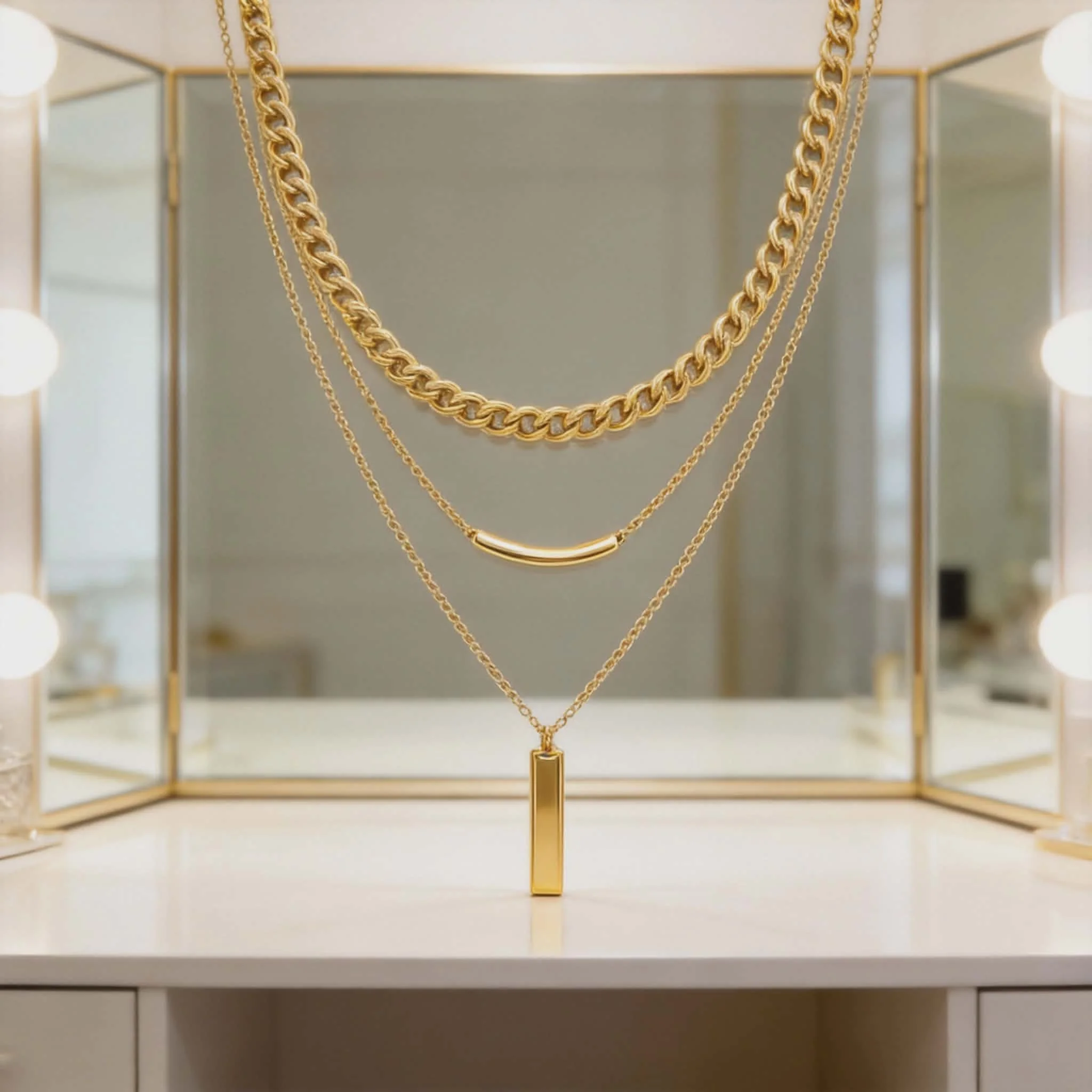 Φωτογραφία προϊόντος: LAVORE Triple Layer Gold Chain Necklace with Bar