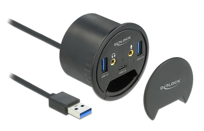 Φωτογραφία προϊόντος: DELOCK USB hub 62794, 2x USB 3.2/USB-C/2x 3.5mm, 5Gbps, 60mm, μαύρο