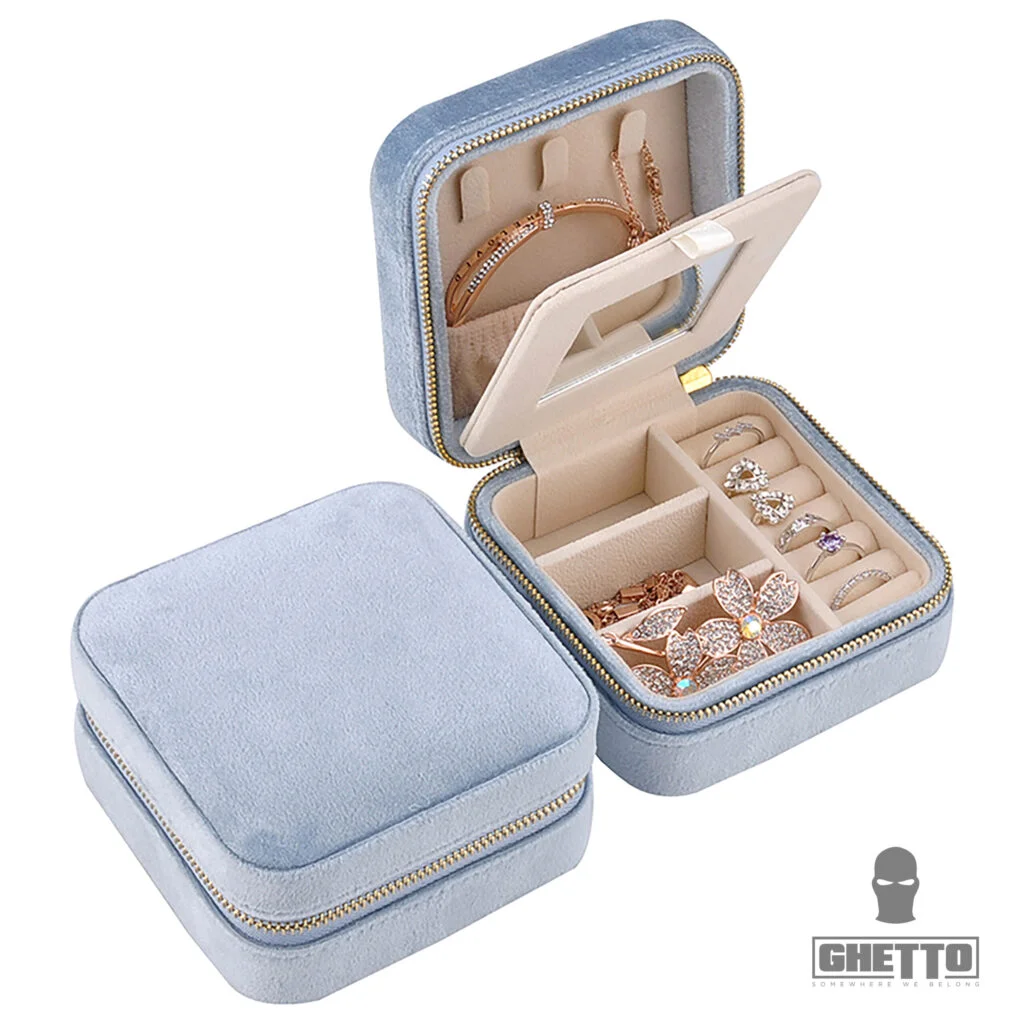 Φωτογραφία προϊόντος: Ghetto Velvet Portable Jewelry Organizer Box with Mirror | Travel Storage Case for Rings, Earrings + Necklaces Blue