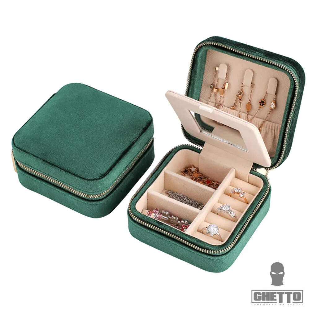 Φωτογραφία προϊόντος: Ghetto Velvet Portable Jewelry Organizer Box with Mirror | Travel Storage Case for Rings, Earrings + Necklaces Green