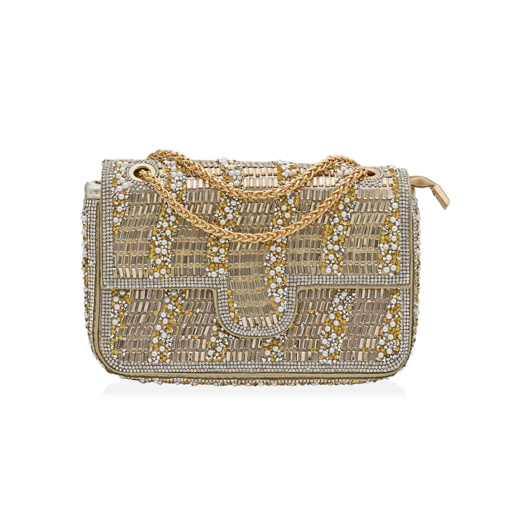 Φωτογραφία προϊόντος: Ghetto Crystal Embellished Evening Bag with Chain Strap | Luxury Statement Handbag Gold