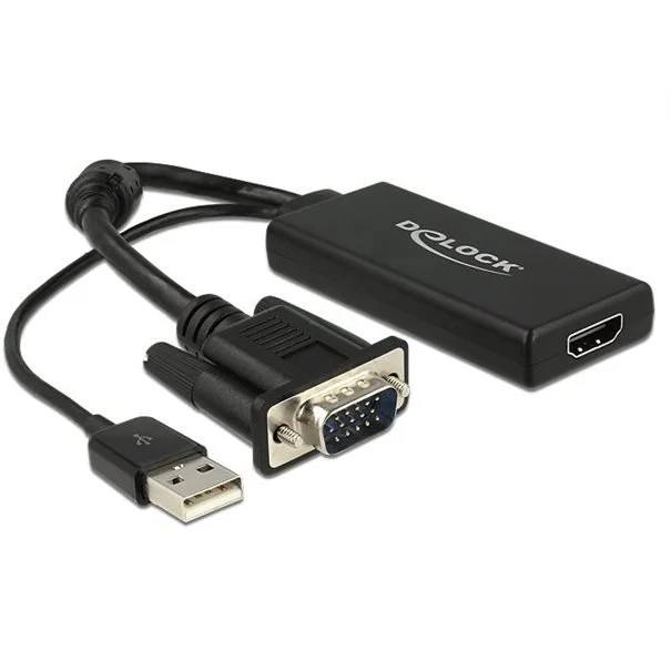 Φωτογραφία προϊόντος: Delock VGA zu HDMI Adapter mit Audio schwarz/black 0,25m USB Typ-A Anschluss 0,25m
