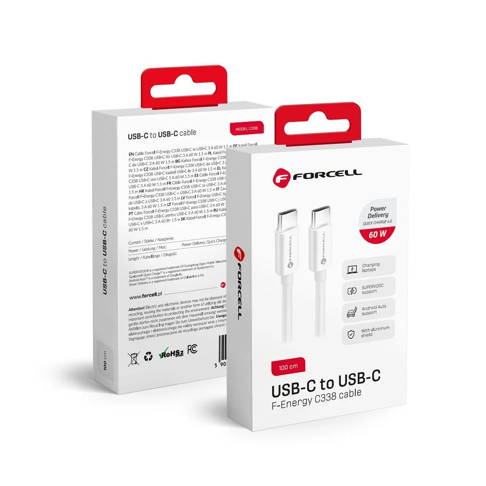 Φωτογραφία προϊόντος: FORCELL kabel Type C to Type C QC4.0 3A/20V PD60W C338 1m white