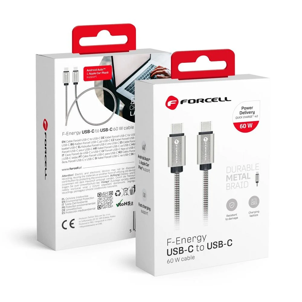 Φωτογραφία προϊόντος: FORCELL cable Type C to Type C QC4.0 3A/20V PD 60W Metal C237 1m silver