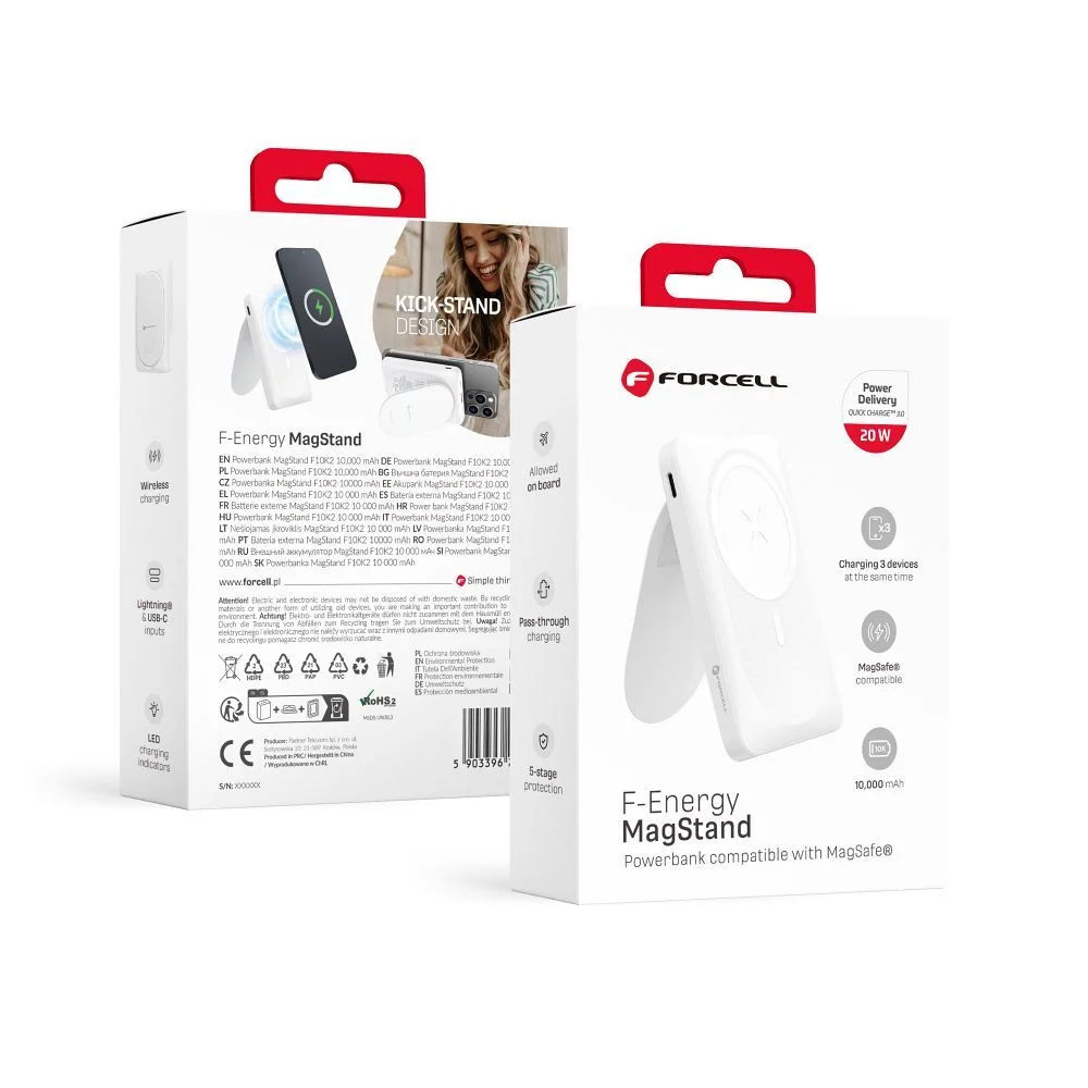 Φωτογραφία προϊόντος: FORCELL Powerbank F-Energy MagStand F10K2 10 000mAh 20W compatybile with MagSafe white