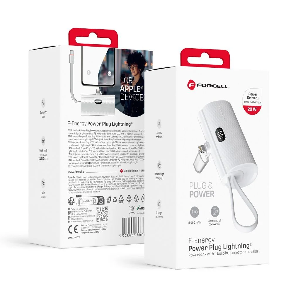 Φωτογραφία προϊόντος: FORCELL Powerbank F-Energy Power Plug F5K3 5000 mAh for Lightning 8-PIN PD 20W white