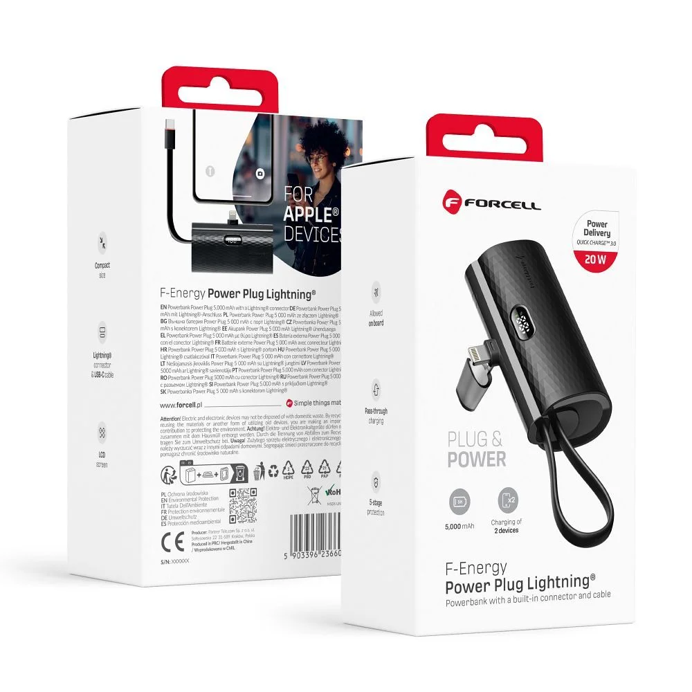 Φωτογραφία προϊόντος: FORCELL Powerbank F-Energy Power Plug F5K3 5 000mAh for Lightning 8-PIN PD 20W black