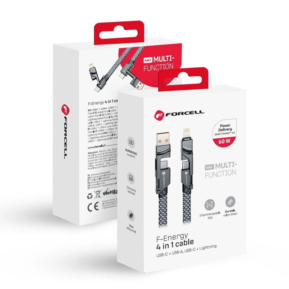 Φωτογραφία προϊόντος: FORCELL F-ENERGY C241 4in1 cable Type C / USB A to Type C / Lightning QC PD 3A 60W 1 m chrome