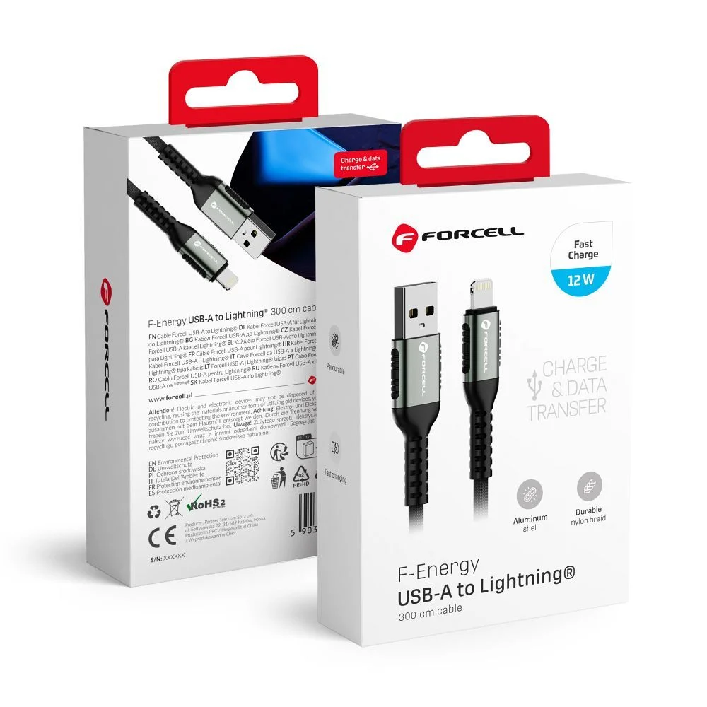 Φωτογραφία προϊόντος: FORCELL F-ENERGY C257 cable USB A to Lightning 2,4A 12W Cafule 3 m czarny