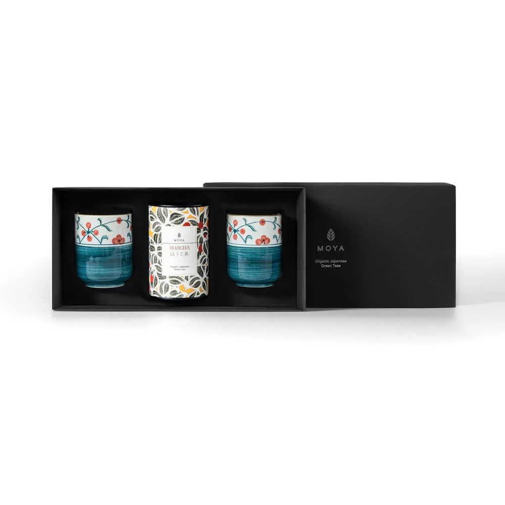 Φωτογραφία προϊόντος: Σετ τσαγιού Moya Hojicha 60g & 2 Χειροποίητες κούπες από Πηλό Sanza Moya 225ml 9x7cm
