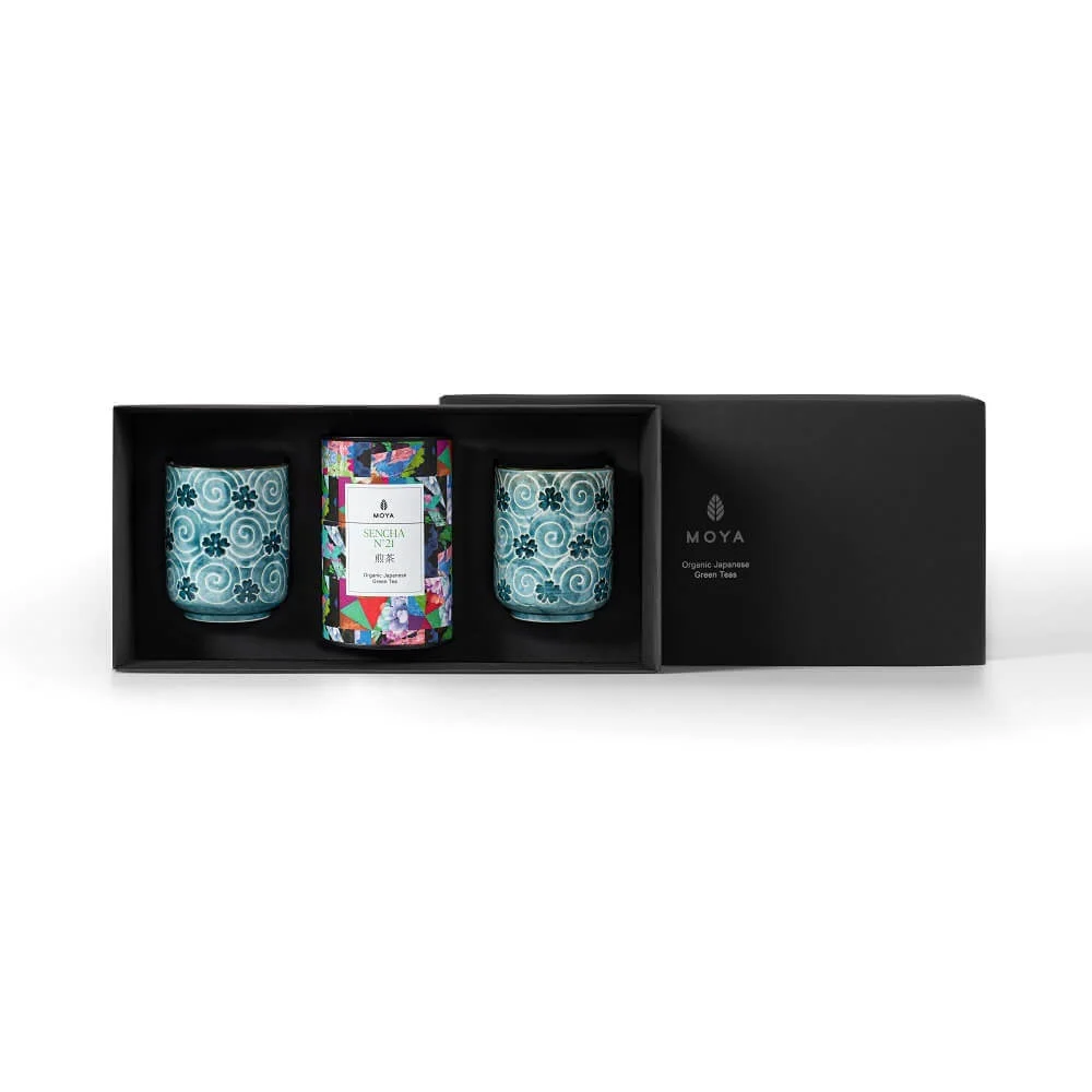 Φωτογραφία προϊόντος: Σετ τσαγιού Moya Sencha 60g & 2 Χειροποίητες κούπες από Πηλό Nenu Moya 225ml 9x7cm