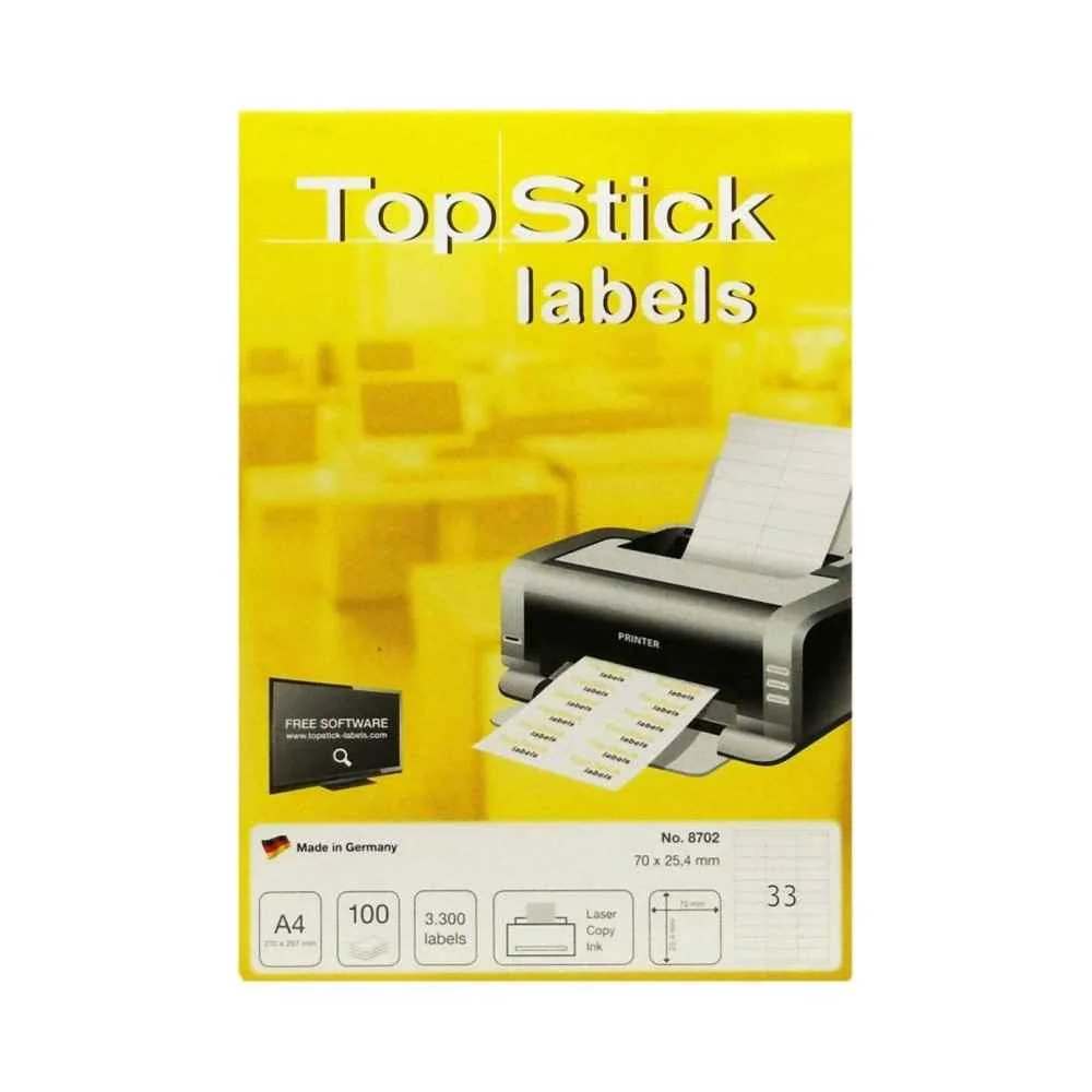 Φωτογραφία προϊόντος: Topstick 3300 Αυτοκόλλητες Ετικέτες Α4 Ορθογώνιες 70x25.4mm 8702