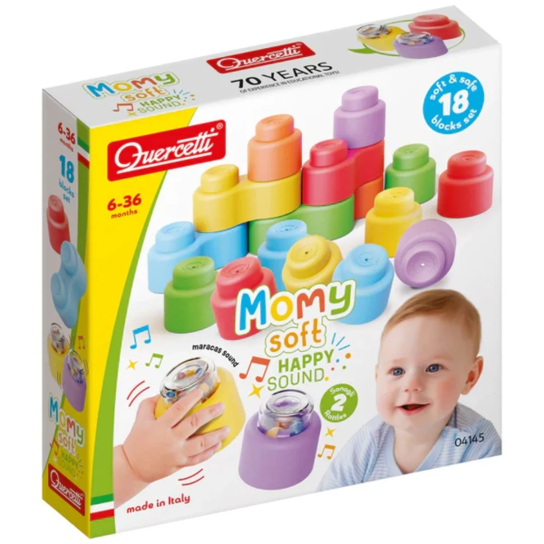 Φωτογραφία προϊόντος: 04145 Quercetti Momy Soft Happy Sound Τουβλάκια μαλακά 18 Τεμάχια