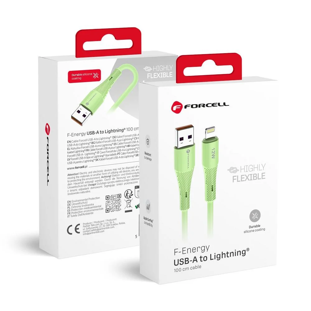 Φωτογραφία προϊόντος: FORCELL F-ENERGY C343 cable USB A to Lightning 2,4A 12W Silicone 1 m green
