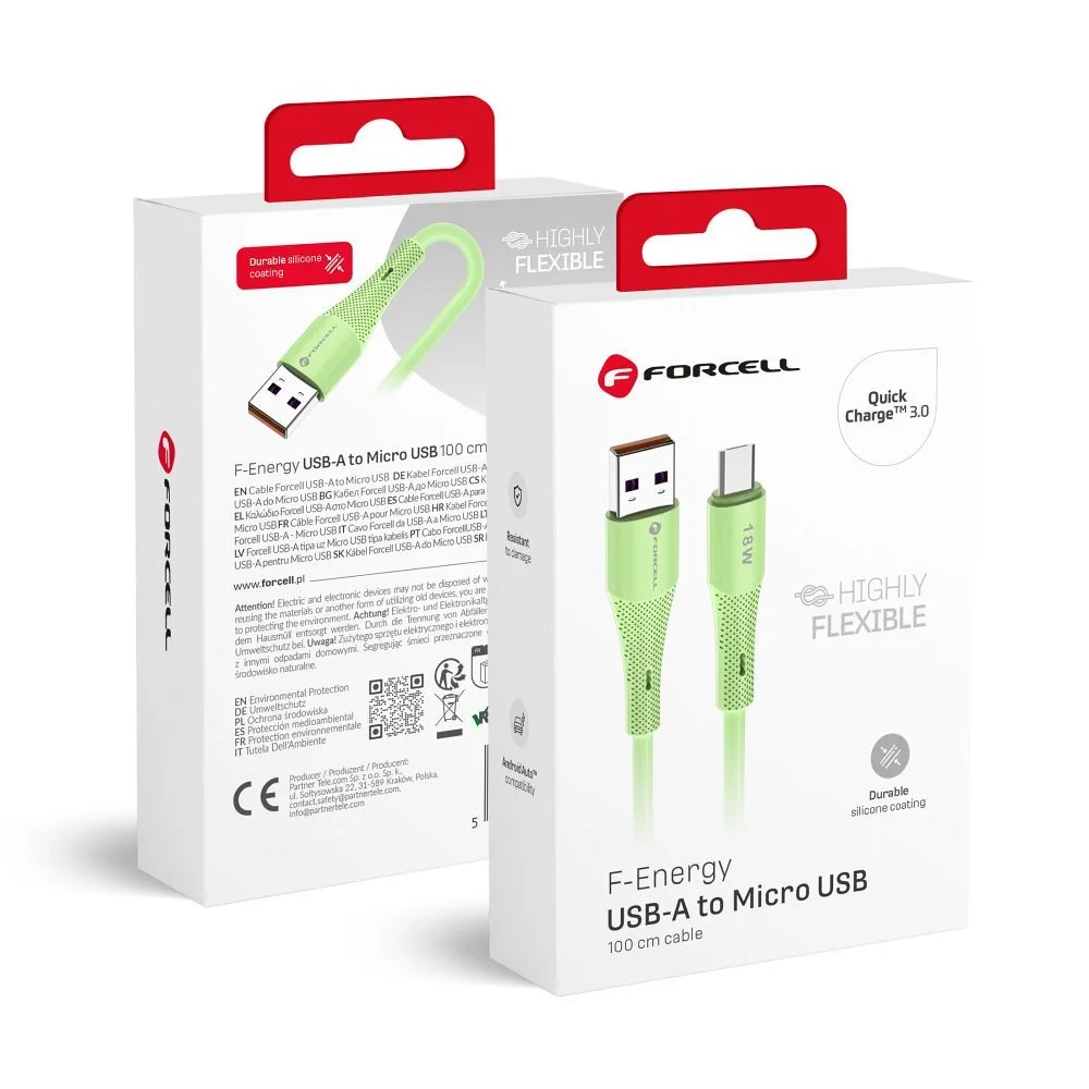 Φωτογραφία προϊόντος: FORCELL F-ENERGY C341 cable USB A to Micro USB QC3.0 2,4A 18W Silicone 1 m green