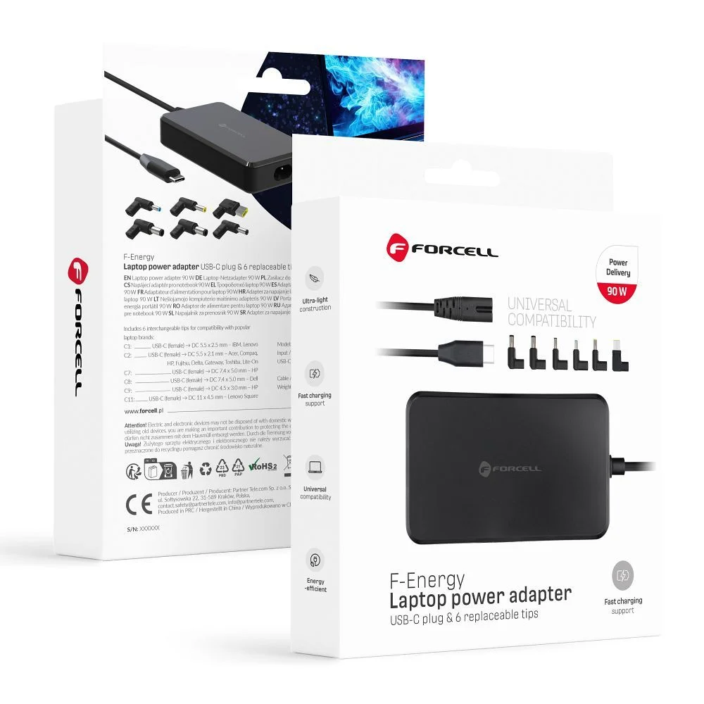 Φωτογραφία προϊόντος: FORCELL F-ENERGY E856 uniwersal laptop charger 90W (6 adaptors) - czarny