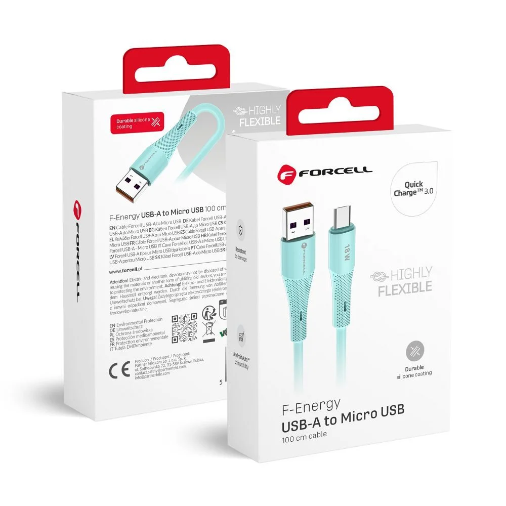 Φωτογραφία προϊόντος: FORCELL F-ENERGY C341 cable USB A to Micro USB QC3.0 2,4A 18W Silicone 1 m blue