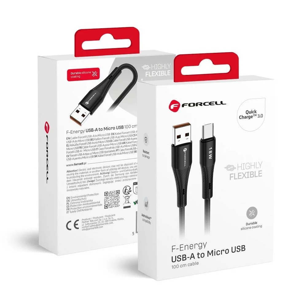 Φωτογραφία προϊόντος: FORCELL F-ENERGY C341 cable USB A to Micro USB QC3.0 2,4A 18W Silicone 1 m black