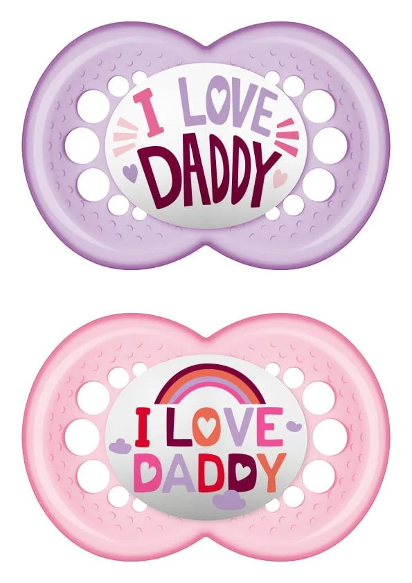 Φωτογραφία προϊόντος: Mam I Love Mummy & Daddy Ορθοδοντική Σιλικόνης 6m+ 2τμχ Ροζ/Μωβ Daddy