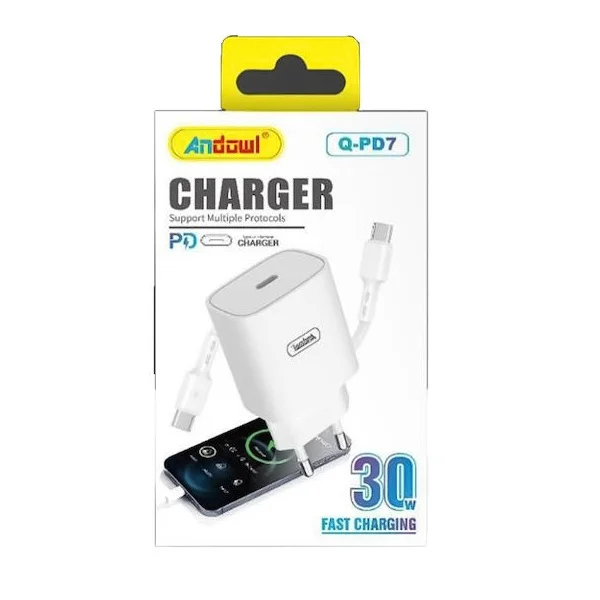 Φωτογραφία προϊόντος: OEM Andowl Φορτιστής με Θύρα USB-C και Καλώδιο USB-C - USB-C 30W Power Delivery Λευκός (Q-PD7)