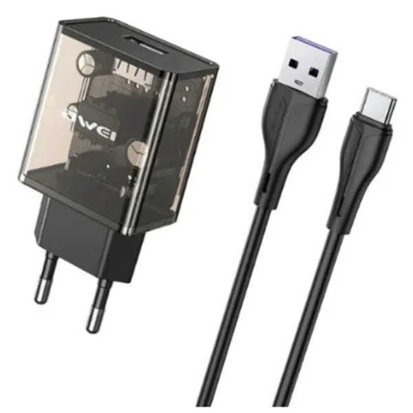 Φωτογραφία προϊόντος: OEM Awei Φορτιστής με Θύρα USB-A και Καλώδιο USB-C Διάφανο (C9T)