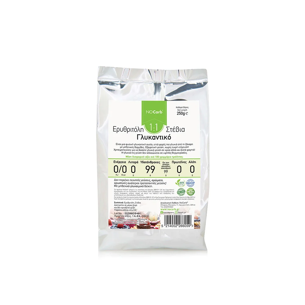 Φωτογραφία προϊόντος: No Carb® Κρυσταλλική Στεβια+ερυθριτόλη 1:1 (Stevia+Erythritol) σε πούδρα NoCarb 250g