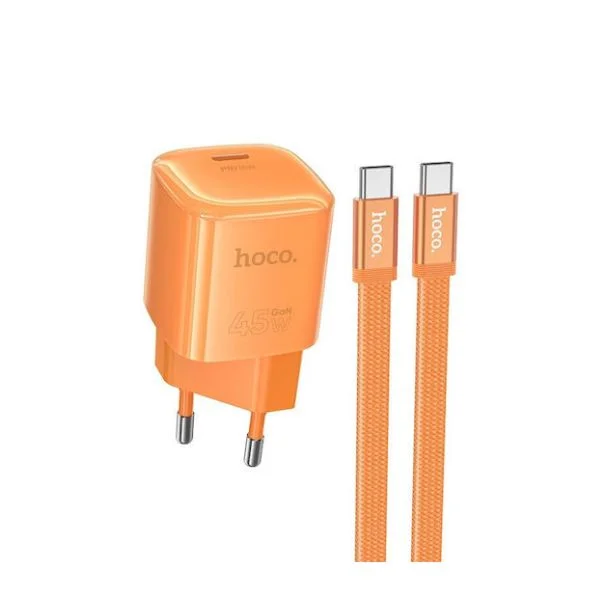 Φωτογραφία προϊόντος: OEM Hoco Φορτιστής GaN με Θύρα USB-C και Καλώδιο USB-C - USB-C 45W Power Delivery Πορτοκαλί (DC148)