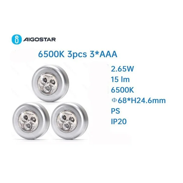 Φωτογραφία προϊόντος: OEM Aigostar LED Φωτιστικό Νυκτός με Αυτοκόλλητο Τοποθέτησης Φωτάκι 3τμχ 33893