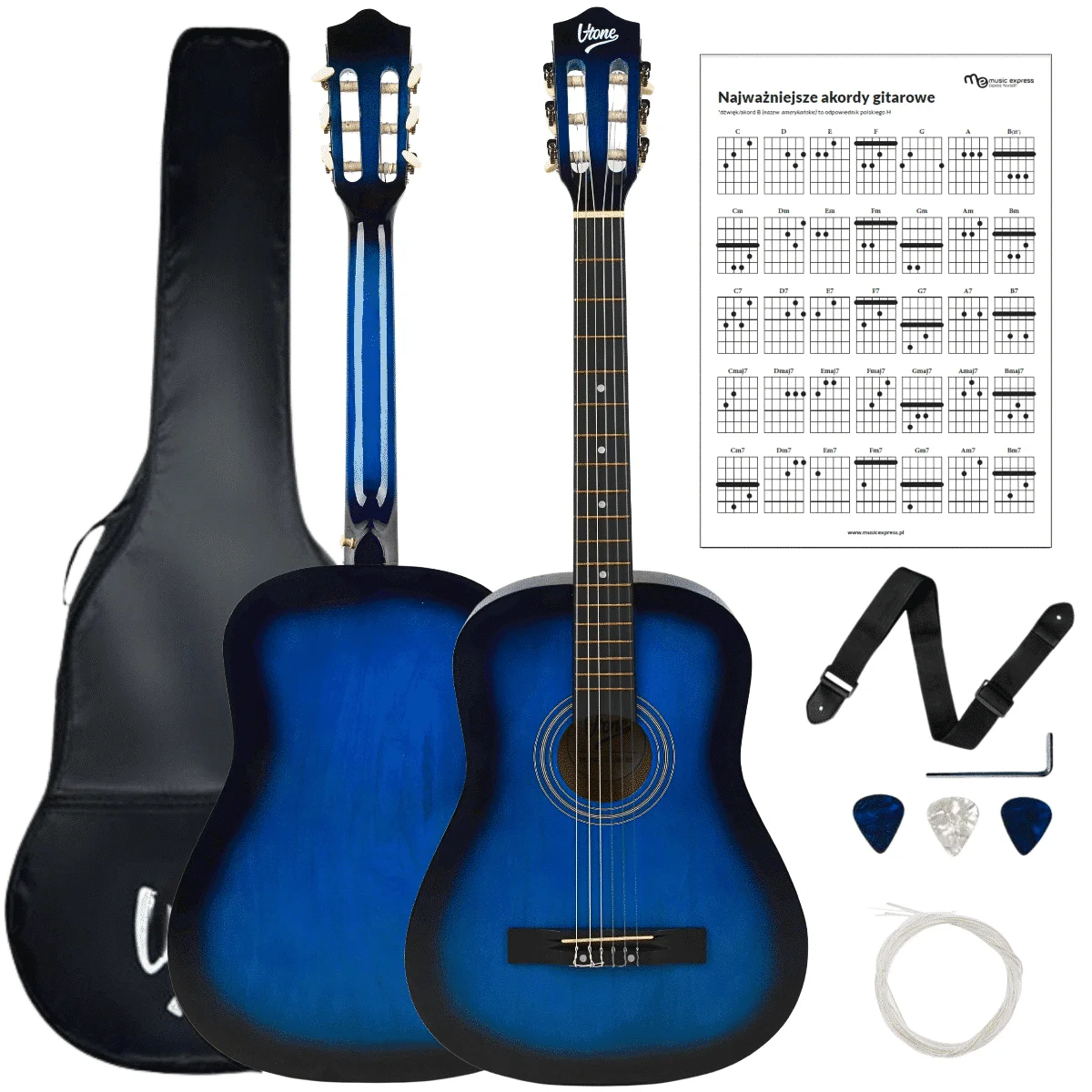 Φωτογραφία προϊόντος: V-TONE CG ONE BB classical guitar 4/4 blueburst to learn for beginners picks strap spare strings cover chords set