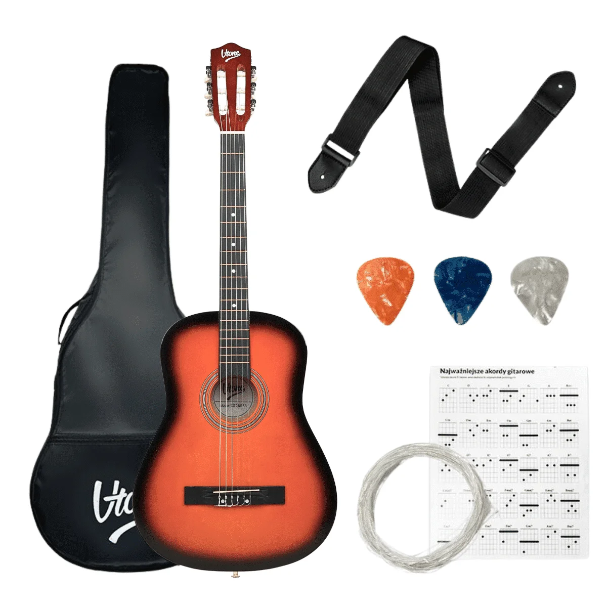 Φωτογραφία προϊόντος: V-TONE CG ONE SB classical guitar 4/4 sunburst to learn for beginners picks strap spare strings cover chords set