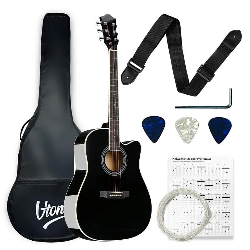 Φωτογραφία προϊόντος: V-TONE AG TWO BK acoustic guitar 4/4 black to learn for beginners picks strap spare strings cover chords adjustment key set